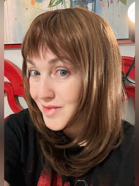 Med length shag style with fringed bangs wig med auburn brown by Beverly Johnson